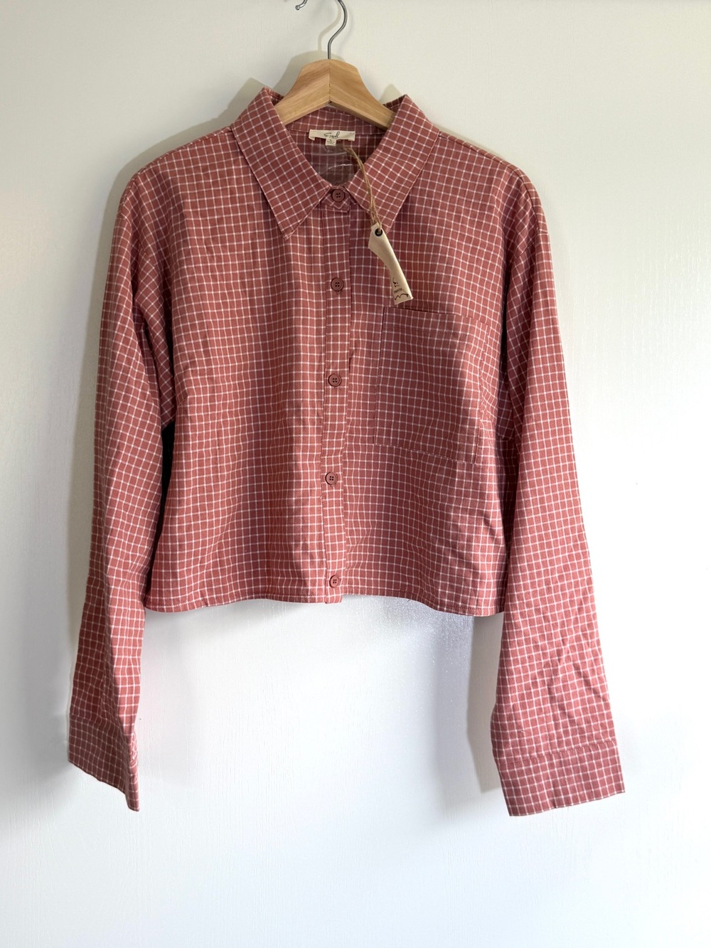 Easel Womens Plaid Button-Up Shirt Boxy Semi cropped Pink Size L